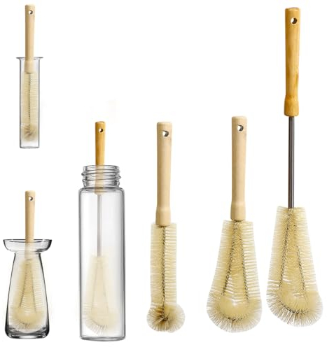 Cepillo Limpia Botellas de Cristal, Darryy 3 Piezas, Cepillo de Madera para Lavar Botellas de Agua, Cabezal Cepillo Forma de L, Cepillo para Lavar Botellas Largas, Nylon, se Puede Colgar