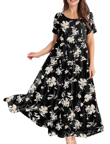 YESNO Women Short Sleeve Boho Summer Maxi Dress with Pockets M EJFUK CR346