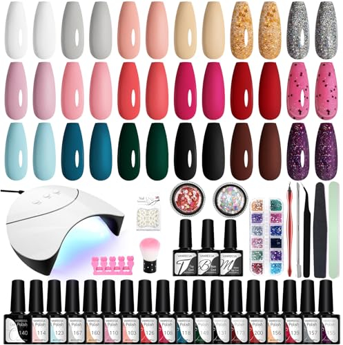 VANREESA 34 PCS Gel Nail Polish Set with Lamp Starter Kit, 18 Colours Gel Nail Kit Classic Popular Pink Red Glitter Soak Off Gels Polish Set with Manicure Tools Nails Salon Set Gifts for Women