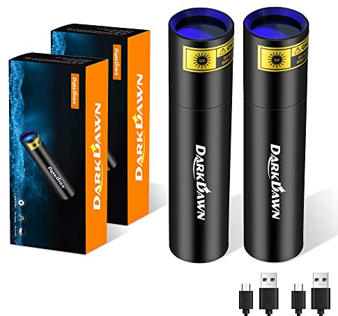 DARKDAWN Torcia UV 365nm Ricaricabile USB, LED Lampada di Wood Torce Ultravioletti Luce, Mini Potente Portatile Lampada UV 370nm per Ambra, Resin, Rivelatore di Urina per Cani, 2 Pezzi