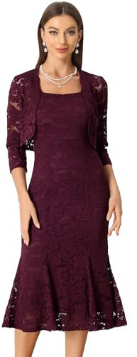 Allegra K 2pc Lace Dress for Women's Sleeveless Fishtail Sheath Dresses and Crop Shrugs Burgundy M