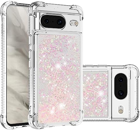 IMIRST telefonfodral kompatibelt med Google Pixel 8 Bling flytande glitter silikonskal stötsäkert Kawaii airbag skyddande fodral för Google Pixel 8. YBW Stjärna Rosa