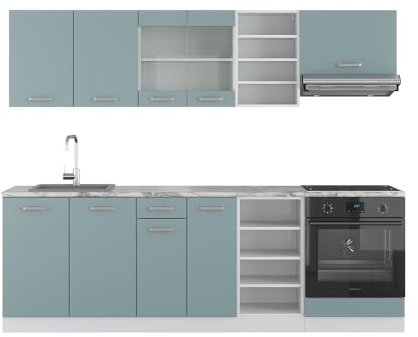 Vicco Eckküche R-Line, Blau-Grau/Weiß, 237 x 247 cm, AP Marmor