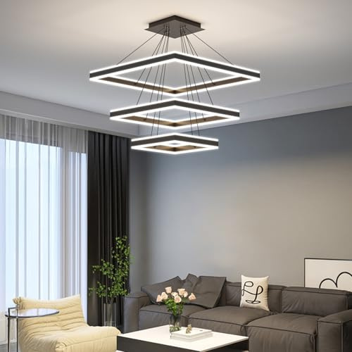 Modern Ceiling Pendant Light, 3 Layer Square Black LED Chandelier for Dining Room Table, Dimmable 3000K-6500K, Adjustable Height Kitchen Island Hanging Lighting Fixture for Living Room Bedroom Bar