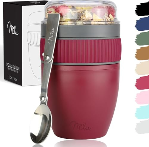 Milu muesli cup to go 400ml I bicchiere di plastica per yogurt per muesli I bicchiere a prova di perdite con cucchiaio per yogurt/porridge (Berry)