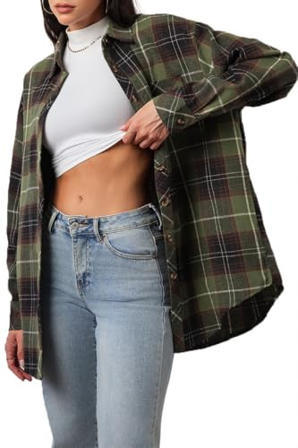 CHYRII Womens Button Down Flannel Shirts Long Sleeve Plaid Shacket Business Casual Blouse Tops 7157-Army Green S