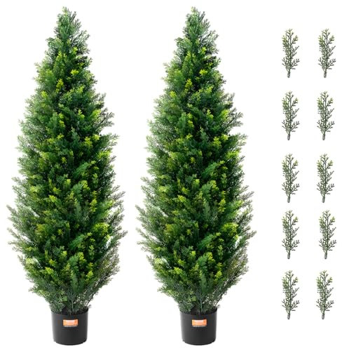 VEVOR Artificial Cedar Topiary Tree, 48 inch Tall (2 Pieces), with Extra Leaves & Pot Faux Evergreen Fake Pine Cypress Trees Plant, UV Rated Artificial Greenery Set for Home Decor Indoor/Outdoor