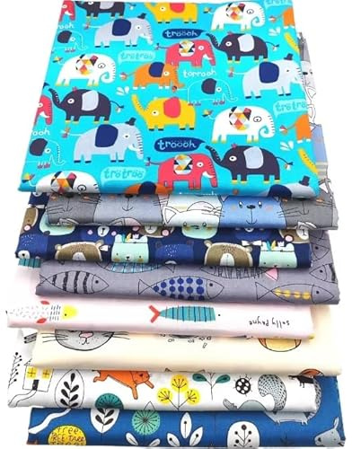 CraftsFabrics 8PCS/Set Animal Cartoon 100% Cotton Fabric Bundle Twill Fabric for Crafting, Quilting, Patchwork, Pillow, Textile Bags