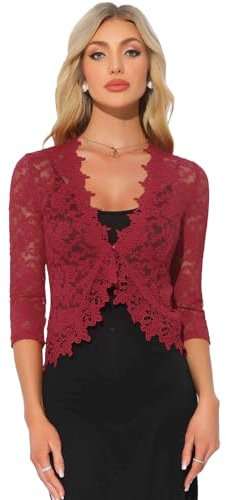 Allegra K Bolero de encaje floral para mujer, manga 3/4, formal, elegante, bolero, rojo oscuro, M