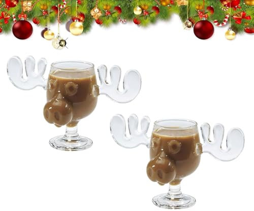 Christmas Eggnog Moose Mug, Christmas Elk Glasses National Christmas Holiday, Xmas Vacation Movie Moose Glass, Glass Safe Packaging, 240ml Clear Coffee Mugs Gifts for Family Friends Party（2pcs