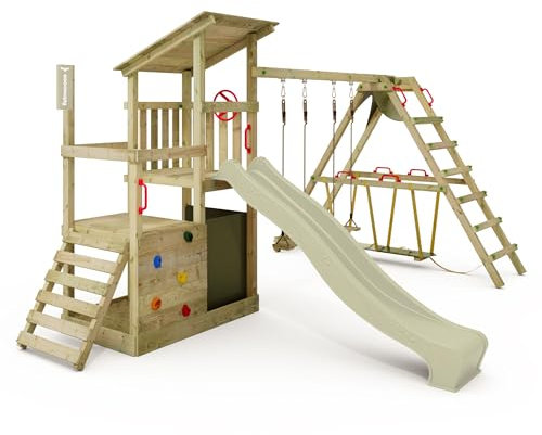 FATMOOSE Spielturm Klettergerüst FruityForest Fun XXL mit Surfanbau, Schaukel & Rutsche, Outdoor Kinder Kletterturm mit Sandkasten, Leiter & Spiel-Zubehör für den Garten (salbeigrün)