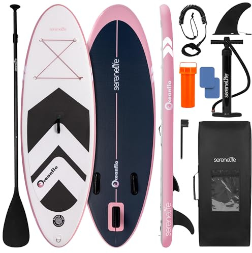 SereneLife Kids Stand Up Paddle Board 7ft 9in Inflatable SUP 30in Wide Stable Youth Design – Anti Slip EVA Deck Complete Kit with Paddle Pump Backpack Leash