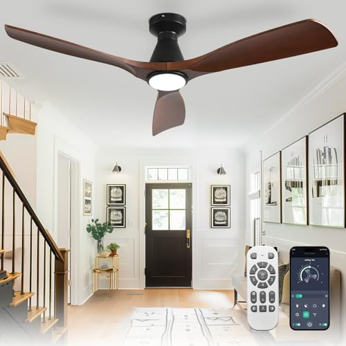 Depuley Ventilateurs de plafond 52 pouces avec lumières : Ventilateur plafond encastré à profil bas en Noyer - Ventilateur à moteur DC silencieux et gradable avec minuterie de contrôle APP à distance