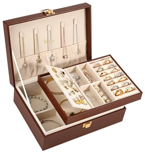 Voova Jewelry Box Organizer for Women Girls, 2 Layer Large Men Jewelry Storage Case, PU Leather Display Jewellery Holder with Removable Tray for Necklace Earrings Rings Bracelets, Caramel Brown