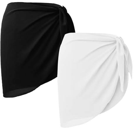 BSITSSS 2 PCS Paréo Femme, Mode Jupe de Plage Femme, Sexy Cache Maillot, Court Jupe Plage, Cache-Maillots Beachwear Semi Transparent pour Maillot de Bain (Noir/Blanc)
