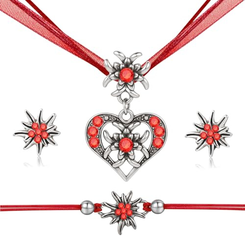 TOWLEING 4 pièces de bijoux traditionnels pour femmes Collier traditionnel Edelweiss Bracelet Boucles d'oreilles Bijoux Dirndl Bijoux Dirndl élégants pour femmes, pour Dirndl ou pantalon