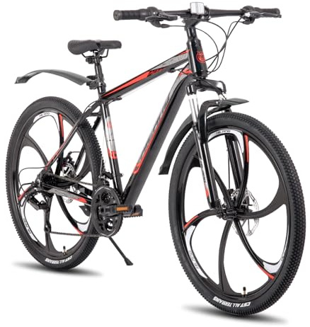 Hiland Bicicleta de Montaña para Adultos 26 Pulgadas, Frenos de Disco Delanteros y Traseros, Rueda 6 Cuchillas, 21 Velocidades, Cuadro de Aluminio Ligero, Horquilla de Suspensión, Negro y Rojo