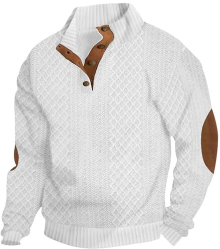 PADOLA Felpa Uomo a Collo Alto con Bottoni Jacquard Maglione Elegante Manica Lunga Fit Classico Giaccone Casual Morbido Outfit Autunno Inverno(Bianco,M)