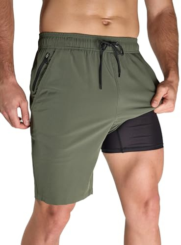 Arcweg Mens Swimming Shorts with Compression Liner Long Swim Shorts Quick Dry Board Shorts Zipper Pockets Board Swimming Trunks Surf Army Green L