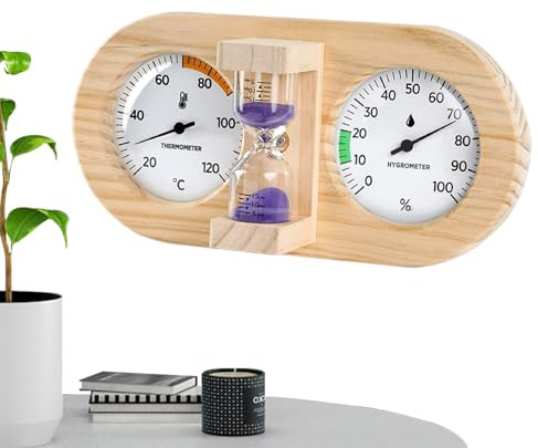 Sauna luftfuktighetsmätare | Fuktsmonitor – träram för väggmontering med 15 minuters timer bastu, temperatur- och fuktighetsmätare – för inomhus, hem, garage, kontor, sovrum