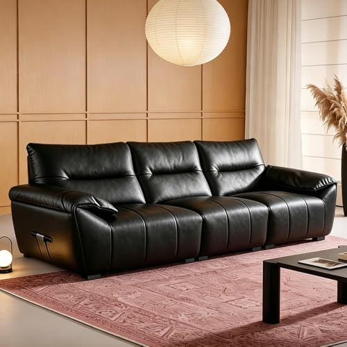 Medeltida modern enkel svart lädersoffa, massiv träram, rymlig och mjuk soffa, modern stor storlek, lämplig för vardagsrum/kontor/lägenhet/hotell.