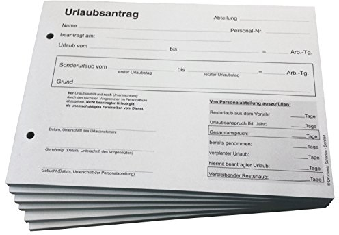 Druckerei Scharlau 5x Urlaubsantrag - Blocks Urlaubsantrag - Urlaub - DIN A5 quer 3-fach - durschschreibend 3 x 30 Blatt - SD (22239)