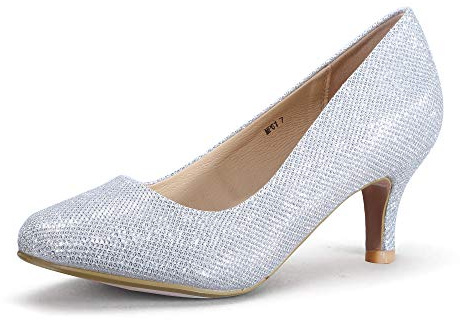 IDIFU Women's Classic Low Heels Dress Pumps 2 Inch Kitten Heel Round Toe Office Wedding Shoes (Silver Glitter, 9 B(M) US)