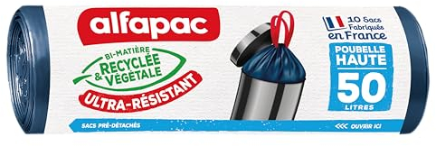 alfapac - 10 sacs-poubelle 50L poubelle haute à lien coulissant ultra-résistant - fabriqués en France - bi-matière recyclée & végétale