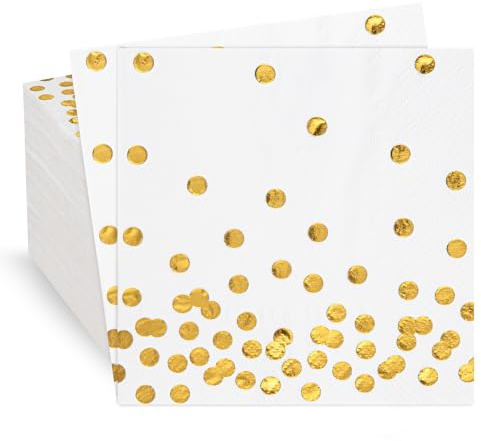 Lot de 80 serviettes en papier blanc avec confettis à pois en feuille d'or - Fournitures de fête (12,7 x 12,7 cm, 3 épaisseurs) (or)