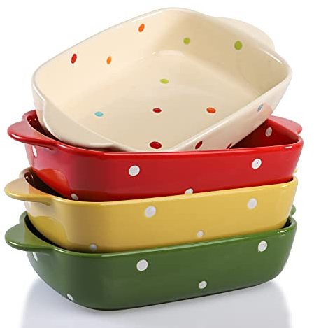 AVLA Set of 4 Ceramic Small Casserole Dishes, 7x5 Porcelain Roasting Lasagna Pan, Individual Casserole Dishes Bakeware with Handle Rectangular Dish, Ceramic Baking Dish for Oven, 20 Oz, Polka Dot, Assorted Color