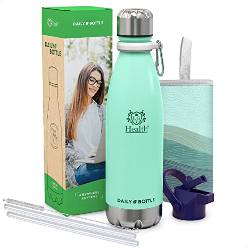 LG Luxury & Grace Botella de Agua en Acero Inoxidable 500 ml. Botella Térmica sin BPA para Bebidas Frías y Calientes. Cantimplora de Doble Pared y Cierre Hermético. Funda de Neopreno + Mosquetón.