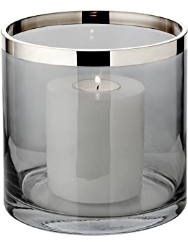 EDZARD Windlicht Zeus, mundgeblasenes Dunkles Kristallglas mit Platinrand (Höhe 15 cm, Durchmesser 15 cm)