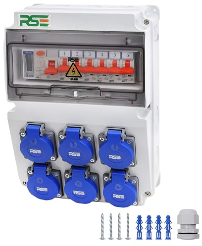 RSE Byggströmsfördelare, väggfördelare, trådbunden, 230 V, med uttag med räknare, IP65, 9. 6 x 230 V med LS + FI + mätare