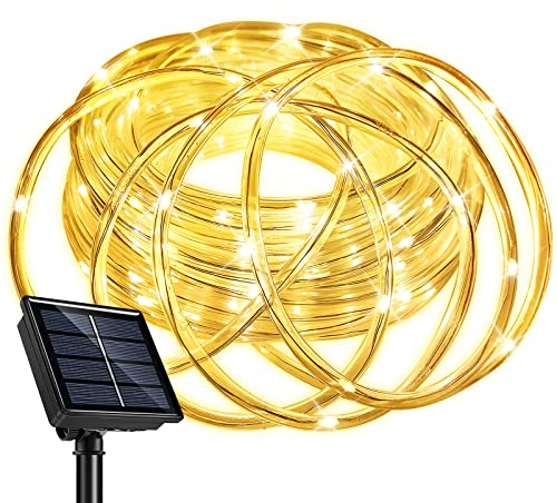 12M Solar Lichtschlauch, 100 LED Außen Lichterkette Schlauch Glasklar, LED Lichterketten Außen Warmweiß für Hochzeit, Party und Weihnachten, Die Terasse