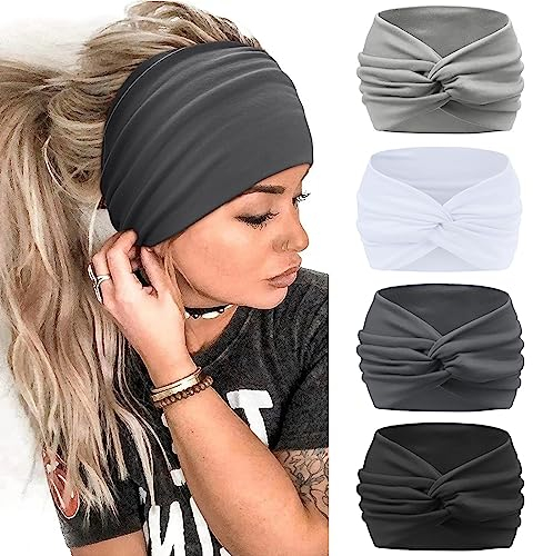 Kavya Bandeau Cheveux Femme 4 Pcs 7'' Extra Large Serre Tete Femme Élastique Bandana Yoga Sport Foulard Cheveux Femme Multicolore Headband Accessoire Cheveux (Gris)