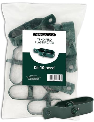 AGRI-CULTURA® | Tendeur de fil en métal plastifié, lot de 10 pièces, idéal pour clôtures, séchoirs à linge, poteaux de jardin, couleur verte, fabriqué en Italie.