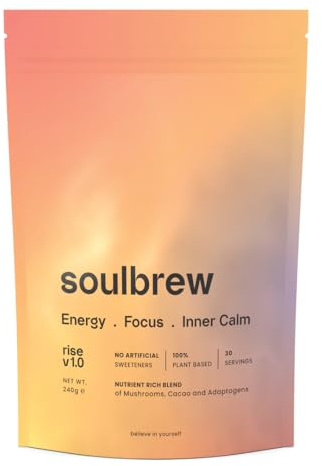 SoulBrew Rise – Mushroom Coffee Alternative for Gut Health & Focus | Lion’s Mane, Cordyceps, Cacao | Adaptogenic Nootropic Drink for Calm Energy and Digestion | Vegan, 30 Servings