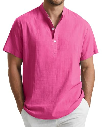 Enlision Camisa de Lino Hombre Verano Manga Corta Camisas Fucsia para Hombres Cuello Mao Ibicenca Camiseta con Botones Casual Elegantes Playa Ropa XL