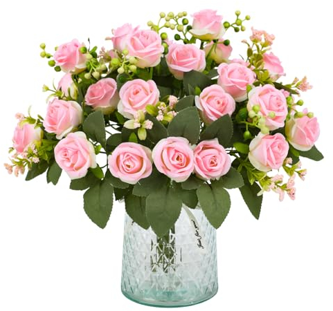 JUSTOYOU Lot de 4 bouquets de roses artificielles en soie rose clair avec 28 têtes de rose, roses artificielles réalistes pour mariage, maison, jardin, fête, bureau (rose clair)