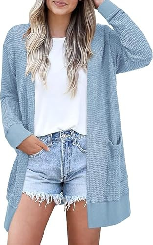 STYLEWORD Cardigan Ladies Chaqueta de Manga Larga Ligera para el Verano Jersey de Punto con Bolsillos Abiertos por Delante(Azul,M)