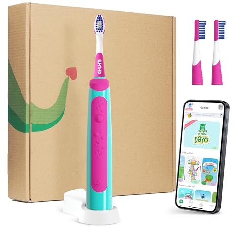 GUM Playbrush JUNIOR 6+ elektrische Zahnbürste | Interaktive Spiel-App | 2 Putzmodi | Extra weiche Borsten | 8 Wochen Akku | Timer | 1x Schallzahnbürste, wiederaufladbar | 2 extra Bürstenköpfe | Pink