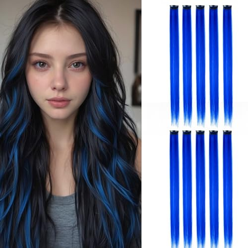 BUYOGET Coloured Hair Extensions Clip in 10 pcs Straight Synthetic Hairpieces Highlights 22 Inch Sapphire Blue Clip on Hair Extension for Women Girls Christmas Party
