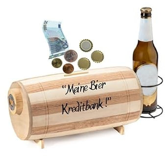 Bier-Spardose aus Holz mit Flaschenöffner & Flaschenhalter – Bierfass mit Gravur „Meine Bier Kreditbank“ – Männergeschenk, Deko, Kronkorkenbehälter