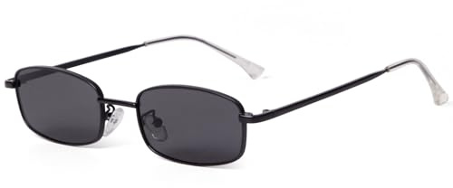 Laurinny Retro Narrow Rectangle Sunglasses for Women Men Vintage 90s Small Metal Frame Square Glasses(Black/Grey)
