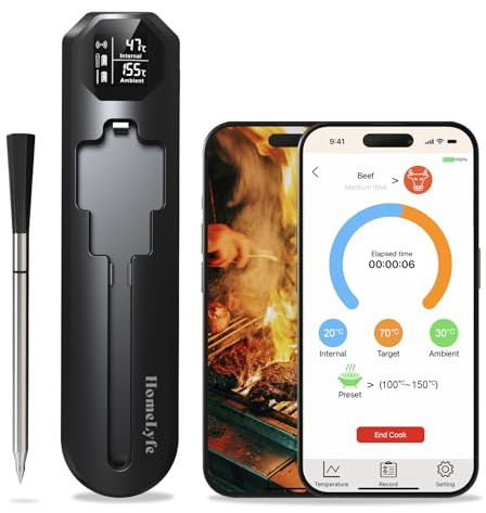 HomeLyfe Wireless Meat Thermometer – Smart Bluetooth Meat Thermometer with Alarm, ±1°C Lab Accuracy, IP67 Waterproof, 24H Battery, 250M Range – For Oven, BBQ, Smoker, Air Fryer, Sunday Roast