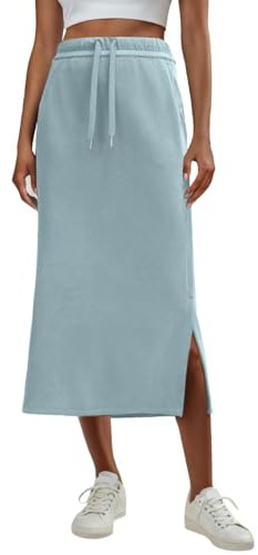 GRECERELLE Jupe maxi estivale pour femme, anti-rides, décontractée, taille haute, avec cordon de serrage réglable, avec poches et fente latérale, Bleu clair., XXL