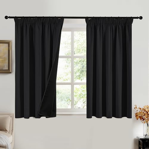 PONY DANCE 100% Blackout Thermal Insulated Curtains, 66x54 Inch, Black | Pencil Pleat Rod Pocket Curtains for Bedroom and Living Room, 2 Panels, Noise Reduction, Light Blocking & Privacy Drapes