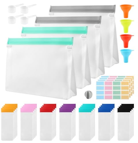 Qirvaten Protein Powder Travel Container Set, Reusable Powder Supplement Container To Go, 28Pcs Single Dose Bags & 4Pcs Large Zip Bags with Funnels, Spoons and Labels(COLOR:32 Pack)