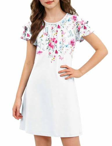 Arshiner Robe d'été pour Fille, plissée, Manches ondulées, Unie ou imprimée, élégante, Robe d'été Festive, Robe décontractée, Manches Courtes, Coupe trapèze, Tailles 6-14 Ans