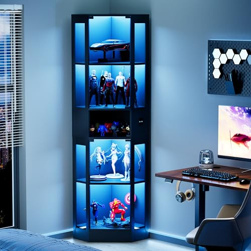 phosir Vitrine LED Noire pour Collection, 5 étagères en Verre, Meuble de présentation avec Rangement, capteur de Mouvement, éclairage Trois Couleurs, Salon et Bureau